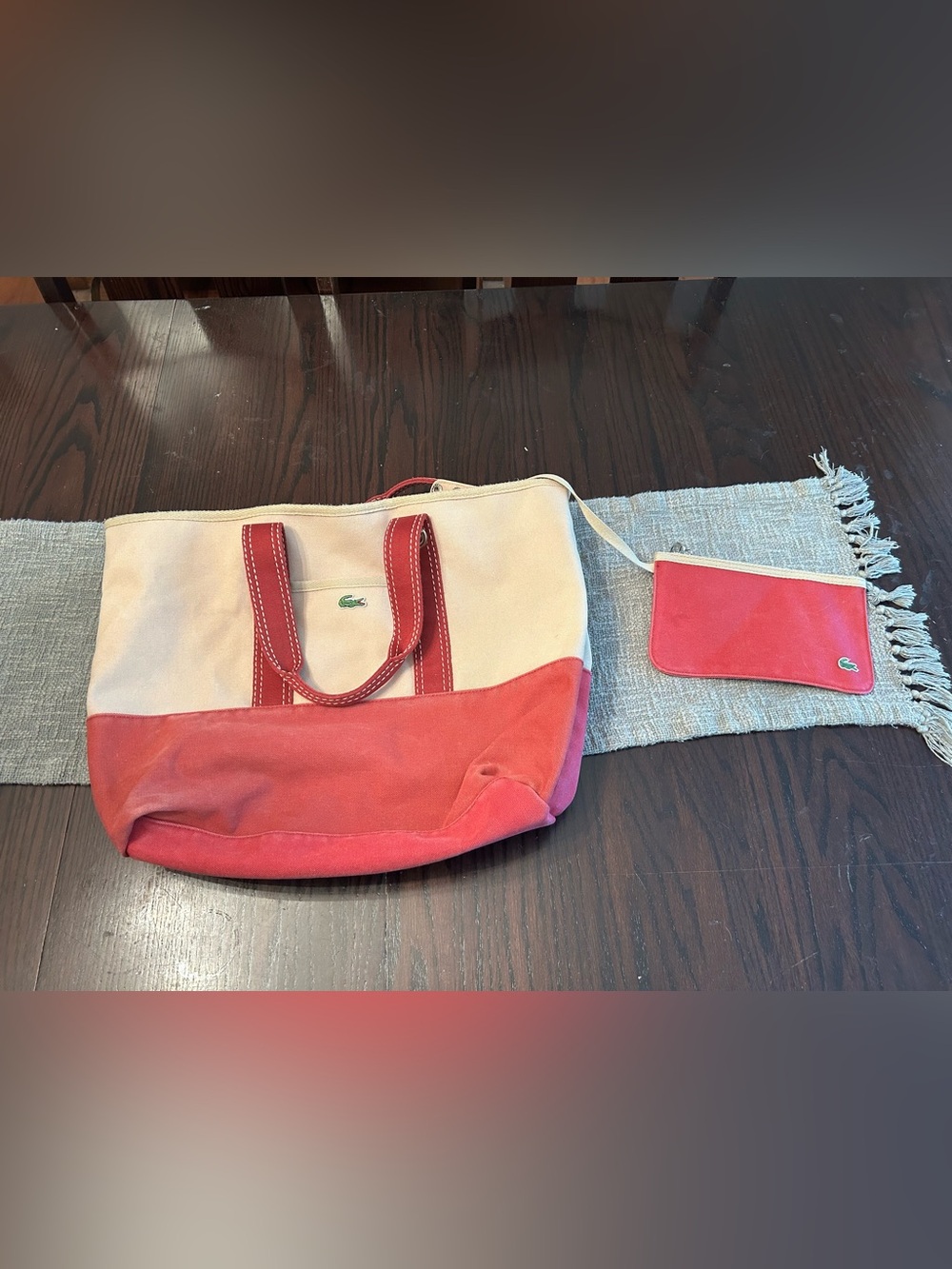 LACOSTE Red Canvas TOTE BAG w/detachable wallet